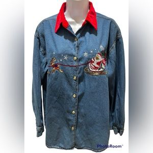 Vintage Women’s Christmas Holiday Denim Embroidered Velvet Button Down Shirt